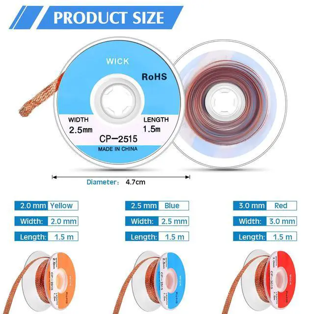 Alt view image 2 of 7 - 12 Pieces Solder Wick 1.5 Meter Length Braided Wicks Desoldering No-clean Solder Braid Wick Set(0.08", 0.1", 0.12",)