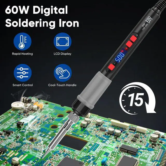Alt view image 2 of 7 - Soldering Iron Kit, 60W Soldering Tools with LCD Digital Display, 180°-500°C / 356°-932°F Adjustable Temperature, 5 Tips for Electronics Repair, Jewelry, DIY Projects