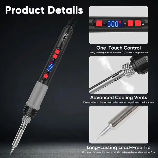 Alt view image 5 of 7 - Soldering Iron Kit, 60W Soldering Tools with LCD Digital Display, 180°-500°C / 356°-932°F Adjustable Temperature, 5 Tips for Electronics Repair, Jewelry, DIY Projects
