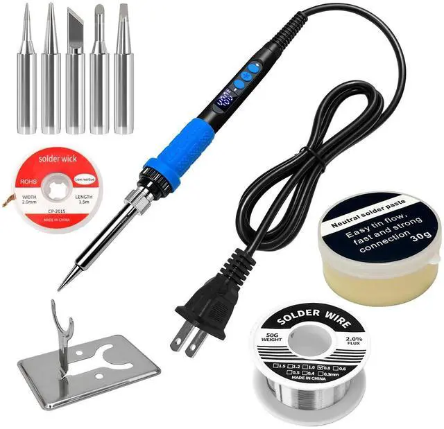 Main image of 909A 90W Blue Soldering Iron Kit with LED Display & Ceramic Heater, Adjustable Temperature Digital Soldering Tool, Includes Tips, Solder Wire, Stand, Desoldering Wick, Flux Paste