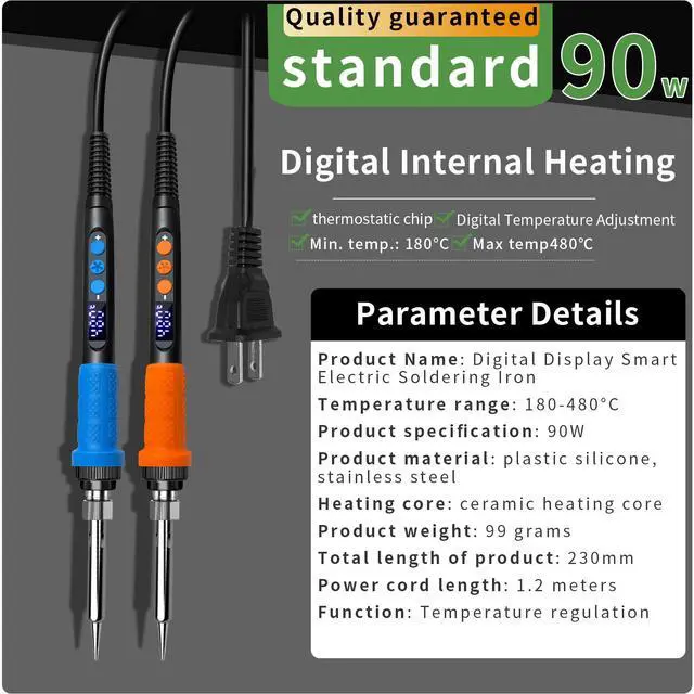 Alt view image 2 of 7 - 909A 90W Blue Soldering Iron Kit with LED Display & Ceramic Heater, Adjustable Temperature Digital Soldering Tool, Includes Tips, Solder Wire, Stand, Desoldering Wick, Flux Paste