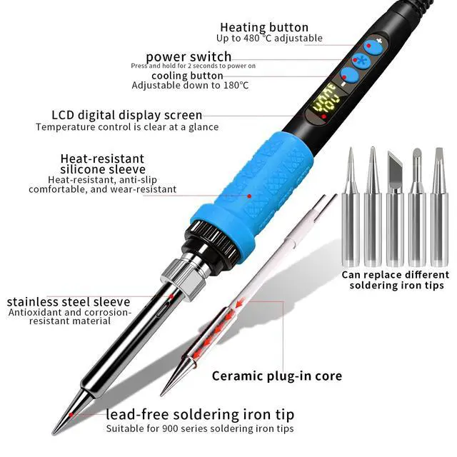 Alt view image 3 of 7 - 909A 90W Blue Soldering Iron Kit with LED Display & Ceramic Heater, Adjustable Temperature Digital Soldering Tool, Includes Tips, Solder Wire, Stand, Desoldering Wick, Flux Paste