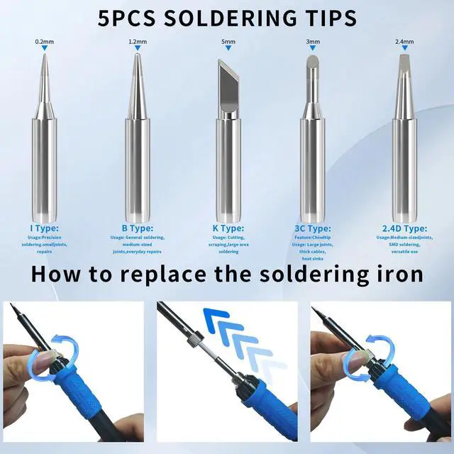 Alt view image 6 of 7 - 909A 90W Blue Soldering Iron Kit with LED Display & Ceramic Heater, Adjustable Temperature Digital Soldering Tool, Includes Tips, Solder Wire, Stand, Desoldering Wick, Flux Paste