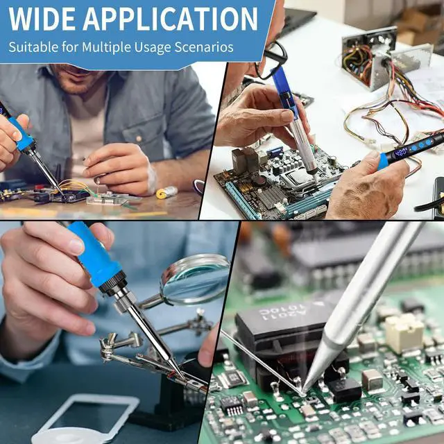 Alt view image 7 of 7 - 909A 90W Blue Soldering Iron Kit with LED Display & Ceramic Heater, Adjustable Temperature Digital Soldering Tool, Includes Tips, Solder Wire, Stand, Desoldering Wick, Flux Paste