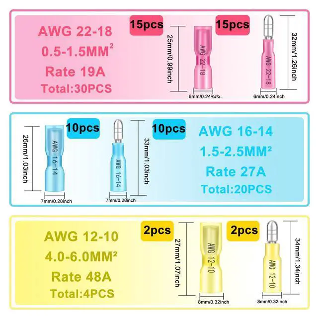 Alt view image 3 of 6 - 54PCS Heat Shrink Bullet Wire Connectors Kit 22-10AWG Waterproof Bullet connectors Heat Shrink Female&Male Connector for Automotive Boat Stereo Industrial Equipment