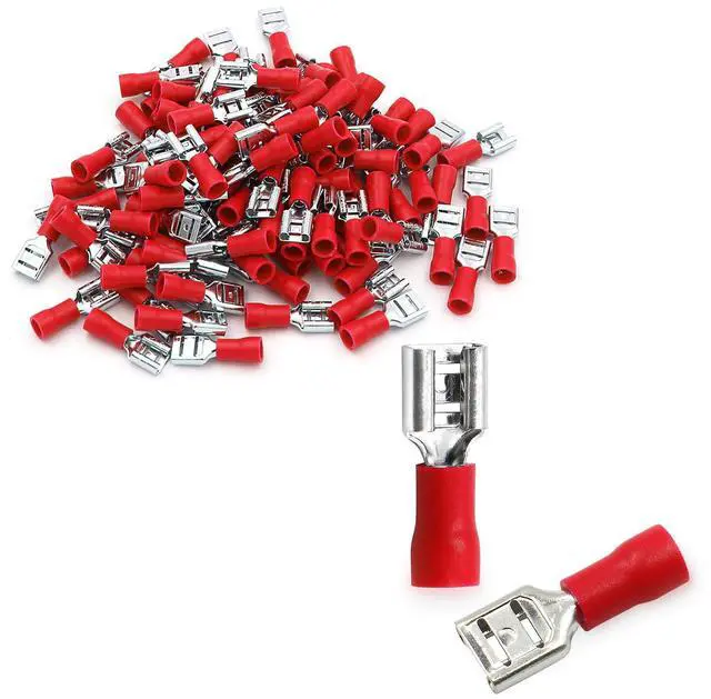 Main image of 1/4" Female Quick Disconnect Spade Terminals,Insulated Crimp Connectors 22-16 AWG 6.3mm (0.25 inch),Red, (100-Pack)