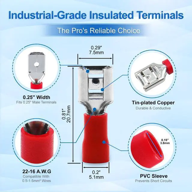 Alt view image 2 of 7 - 1/4" Female Quick Disconnect Spade Terminals,Insulated Crimp Connectors 22-16 AWG 6.3mm (0.25 inch),Red, (100-Pack)