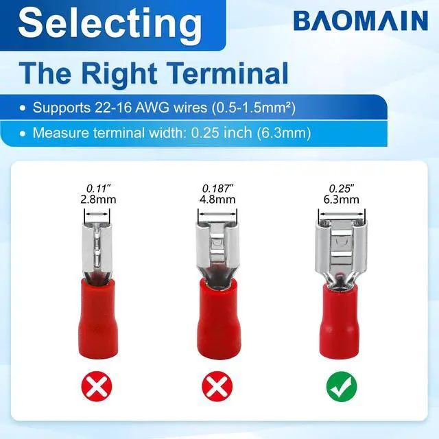 Alt view image 4 of 7 - 1/4" Female Quick Disconnect Spade Terminals,Insulated Crimp Connectors 22-16 AWG 6.3mm (0.25 inch),Red, (100-Pack)