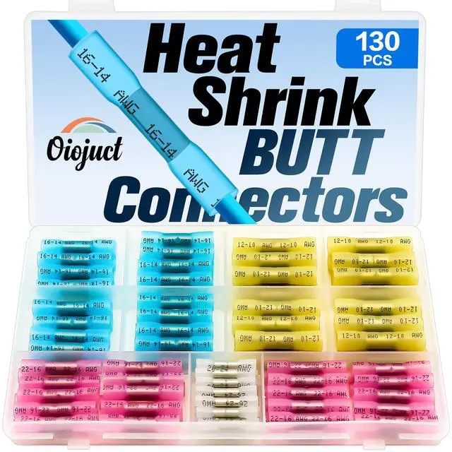 Main image of Heat Shrink Butt Connectors Kit - Waterproof Electrical Wire Splice Crimp Terminals for Automotive, Marine, Wiring (130Pcs)