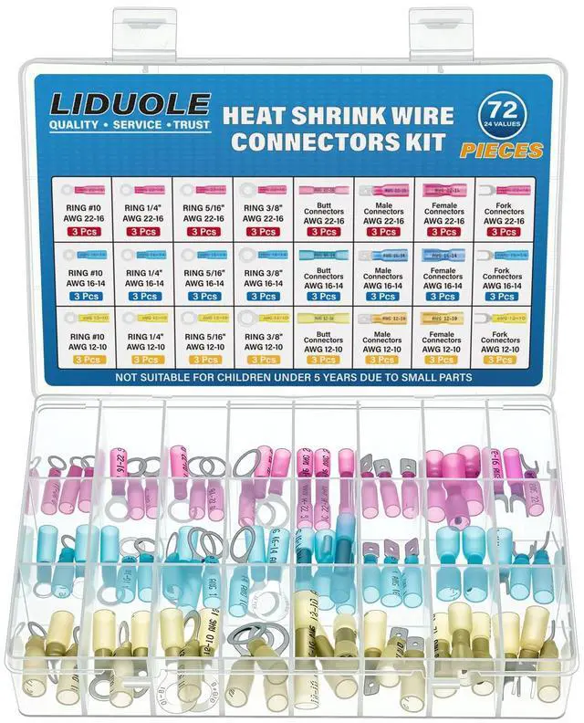 Main image of Heat Shrink Wire Connectors Kit Marine Automotive Electrical Wiring Crimp Terminal Connector Set Insulated 22-10 Gauge Ring Spade Fork Butt Splices Electric Terminals Assortment