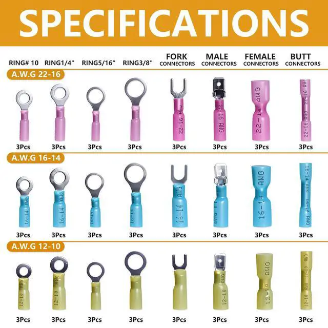 Alt view image 2 of 6 - Heat Shrink Wire Connectors Kit Marine Automotive Electrical Wiring Crimp Terminal Connector Set Insulated 22-10 Gauge Ring Spade Fork Butt Splices Electric Terminals Assortment