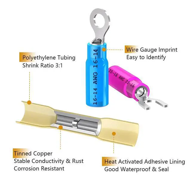 Alt view image 3 of 6 - Heat Shrink Wire Connectors Kit Marine Automotive Electrical Wiring Crimp Terminal Connector Set Insulated 22-10 Gauge Ring Spade Fork Butt Splices Electric Terminals Assortment