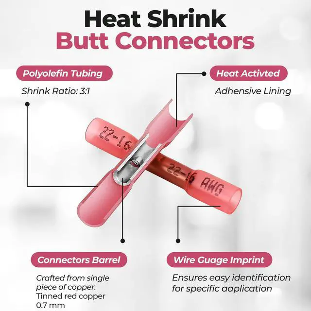 Alt view image 2 of 5 - 130PCS Red Heat Shrink Butt Connectors Tinned Red Copper 0.7mm, Premium Waterproof Crimp Insulated Wiring Connectors for AWG 22-16 Gauge Wires, Marine Grade Terminals Butt Splices for Automotive