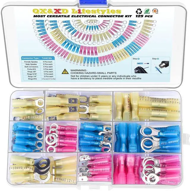 Main image of 125PCS Heat Shrink Wire Connectors Kit, Waterproof Marine Grade Crimp Connectors, Tinned Copper Electrical Terminals, Butt Ring Fork Spade Hook, 22-10 AWG, 3 Colors
