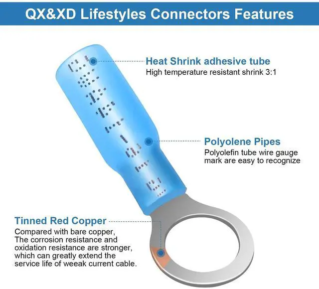 Alt view image 5 of 7 - 125PCS Heat Shrink Wire Connectors Kit, Waterproof Marine Grade Crimp Connectors, Tinned Copper Electrical Terminals, Butt Ring Fork Spade Hook, 22-10 AWG, 3 Colors