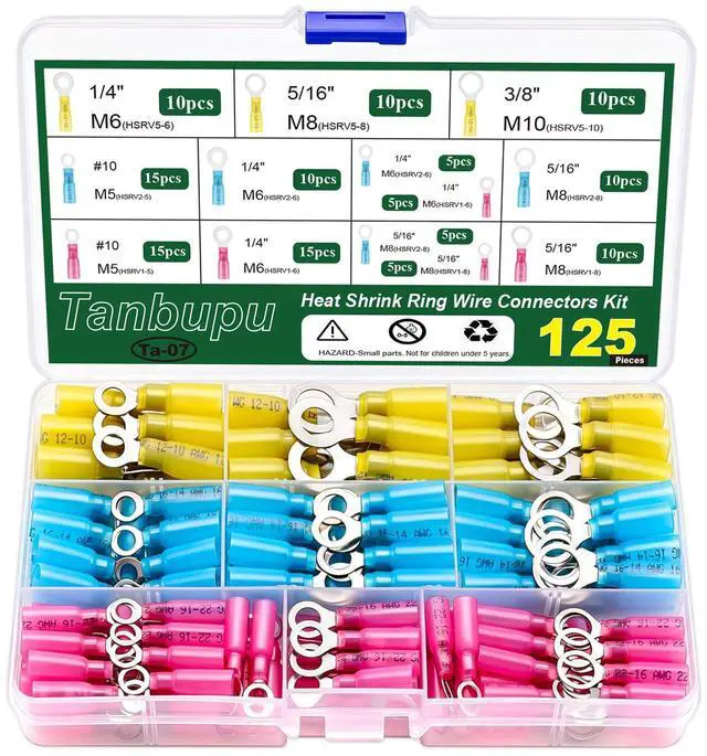 Main image of 125Pcs Heat Shrink Ring Wire Connectors#10,1/4",5/16"(3 Colors/3Sizes) 12-10 16-14 22-16 Gauge Waterproof Automotive Marine Electrical Terminals KitInsulated Crimp Connector Assortment