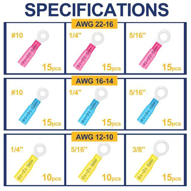 Alt view image 2 of 5 - 125Pcs Heat Shrink Ring Wire Connectors#10,1/4",5/16"(3 Colors/3Sizes) 12-10 16-14 22-16 Gauge Waterproof Automotive Marine Electrical Terminals KitInsulated Crimp Connector Assortment