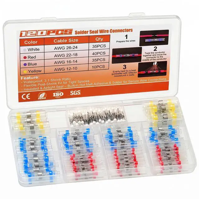 Main image of 120Pcs Heat Shrink Solder Seal Wire Connectors Kit, Waterproof Butt Connector Heat Shrink Electrical Terminals, Insulated Solderless Wiring Splice Connectors for Marine, Automotive Boat Truck
