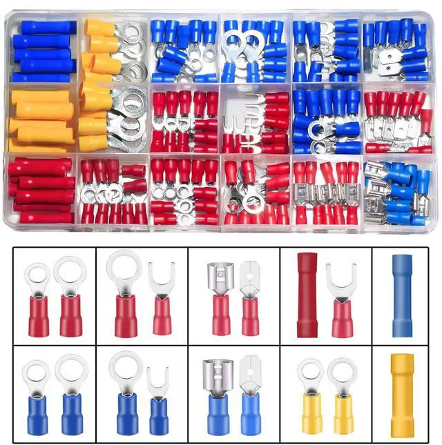 Main image of 150PCS Mixed Quick Disconnect Electrical Insulated Butt Bullet Spade Fork Ring Solderless Crimp Terminals 18 Types Wire Connectors Assortment Kit