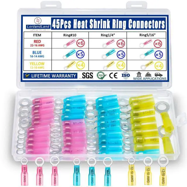 Main image of 45PCS Marine Grade Heat Shrink Ring Connectors Heat Shrink Wire Connectors Tinned Red Copper #10,1/4",5/16"(3Colors/12Sizes),16-14 22-16 12-10 Gauge Insulated Crimp Connector Assortment