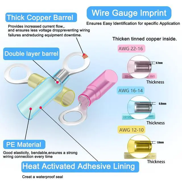 Alt view image 2 of 7 - 45PCS Marine Grade Heat Shrink Ring Connectors Heat Shrink Wire Connectors Tinned Red Copper #10,1/4",5/16"(3Colors/12Sizes),16-14 22-16 12-10 Gauge Insulated Crimp Connector Assortment