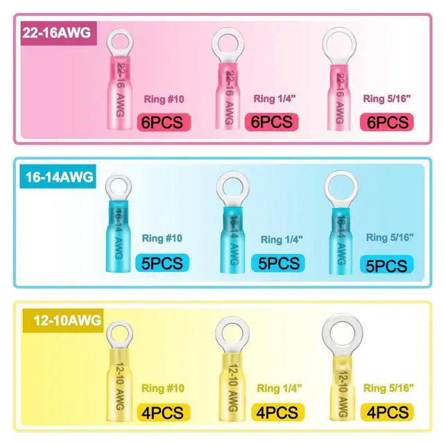 Alt view image 3 of 7 - 45PCS Marine Grade Heat Shrink Ring Connectors Heat Shrink Wire Connectors Tinned Red Copper #10,1/4",5/16"(3Colors/12Sizes),16-14 22-16 12-10 Gauge Insulated Crimp Connector Assortment