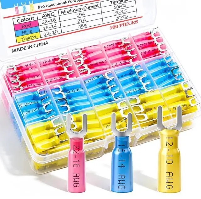 Main image of 100PCS Heat Shrink Fork Spade Connectors 22-16/16-14/12-10 Gauge #10 Waterproof Quick Splice Crimp U-Type Terminal Connectors Assortment Kit N-078-100PCS