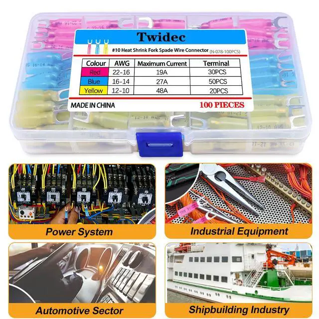 Alt view image 6 of 6 - 100PCS Heat Shrink Fork Spade Connectors 22-16/16-14/12-10 Gauge #10 Waterproof Quick Splice Crimp U-Type Terminal Connectors Assortment Kit N-078-100PCS