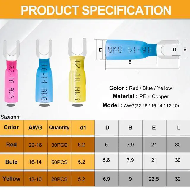 Alt view image 2 of 6 - 100PCS Heat Shrink Fork Spade Connectors 22-16/16-14/12-10 Gauge #10 Waterproof Quick Splice Crimp U-Type Terminal Connectors Assortment Kit N-078-100PCS