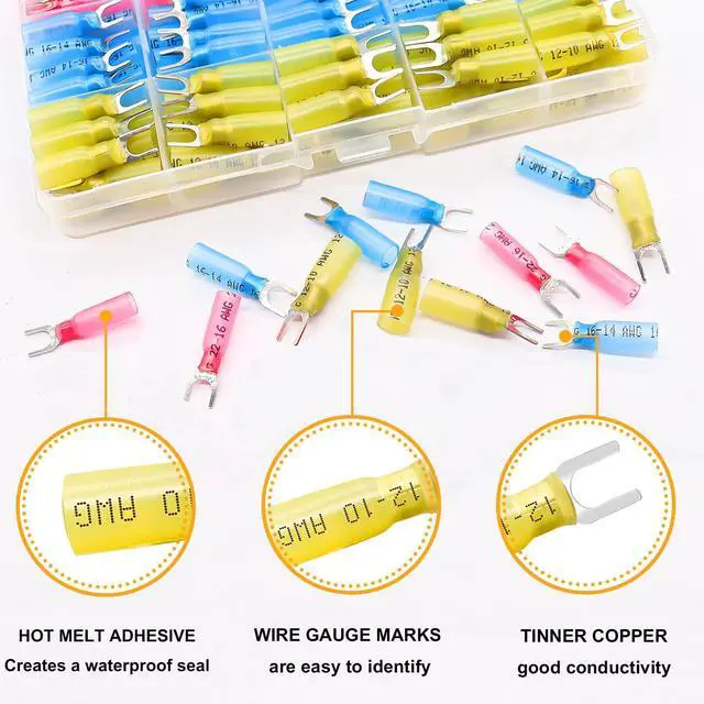 Alt view image 5 of 6 - 100PCS Heat Shrink Fork Spade Connectors 22-16/16-14/12-10 Gauge #10 Waterproof Quick Splice Crimp U-Type Terminal Connectors Assortment Kit N-078-100PCS