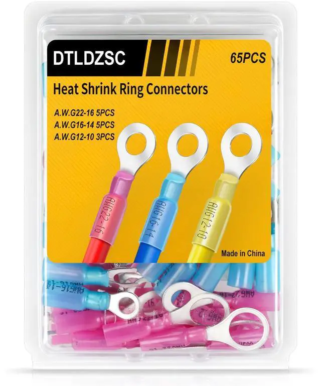 Main image of 65PCS Marine Grade Heat Shrink Wire Connectors-Electrical Connectors Kit of Tinned Red Copper,Crimp Insulated Ring Fork Spade Butt Splice AWG22-16 16-14 12-10 Gauge (65pcs Kit, AWG 22-10)