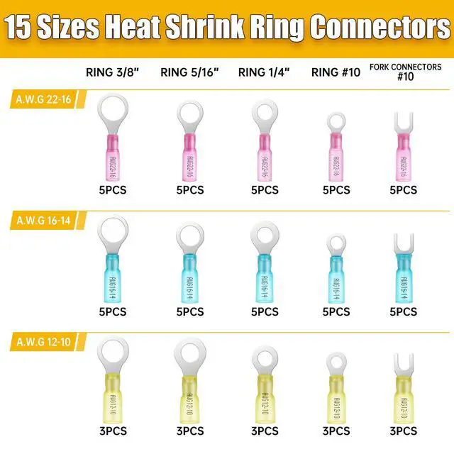 Alt view image 2 of 7 - 65PCS Marine Grade Heat Shrink Wire Connectors-Electrical Connectors Kit of Tinned Red Copper,Crimp Insulated Ring Fork Spade Butt Splice AWG22-16 16-14 12-10 Gauge (65pcs Kit, AWG 22-10)