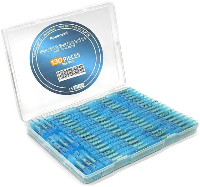 Main image of 130PCS Blue Heat Shrink Butt Connectors Tinned Red Copper 0.7mm, Premium Waterproof Crimp Insulated Wire Connectors for AWG 16-14 Gauge Wiring, Marine Grade Terminals Butt Splices for Automotive