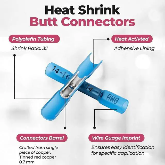 Alt view image 3 of 5 - 130PCS Blue Heat Shrink Butt Connectors Tinned Red Copper 0.7mm, Premium Waterproof Crimp Insulated Wire Connectors for AWG 16-14 Gauge Wiring, Marine Grade Terminals Butt Splices for Automotive