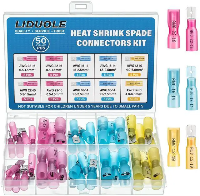 Main image of Heat Shrink Spade Connectors 22-10 AWG Female Male Spade Terminal Kit Insulated Crimp Electrical Wire Connector for Marine Automotive Wiring (Pack of 50Pcs)
