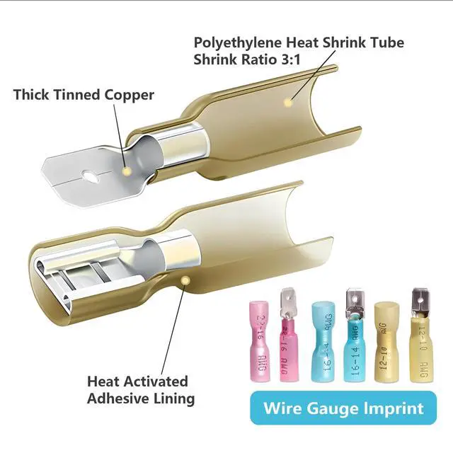 Alt view image 4 of 6 - Heat Shrink Spade Connectors 22-10 AWG Female Male Spade Terminal Kit Insulated Crimp Electrical Wire Connector for Marine Automotive Wiring (Pack of 50Pcs)