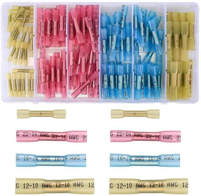Main image of 130 Pcs Heat Shrink Butt Connectors Kit, 10-26 AWG Butt Splice Electrical Wire Connectors Kit, Waterproof Insulated Marine Automotive Crimp Terminals Butt Splice Connectors for Boat Truck