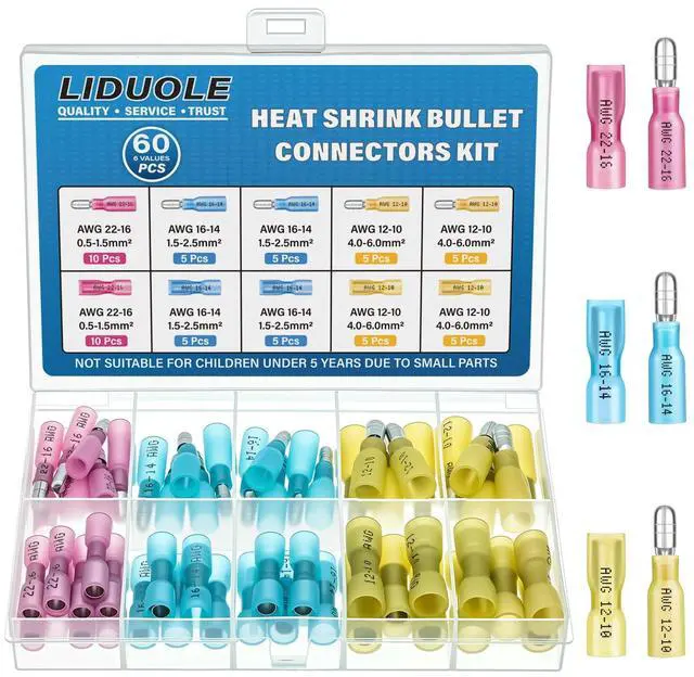 Main image of Heat Shrink Bullet Wire Connectors Kit 22-10AWG Male and Female Bullet Connector Set for Marine Automotive Stereo Wiring (Pack of 60PCS)
