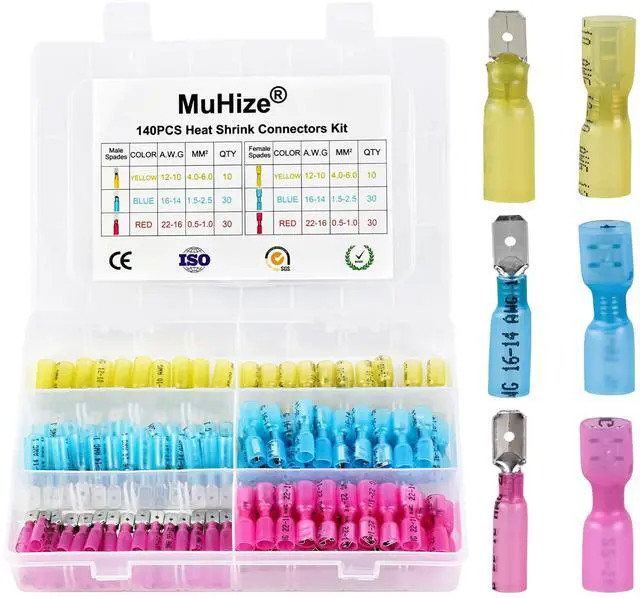 Main image of Terminal Connector Kit 140 Pcs 22-10 AWG Insulated Waterproof Wire Terminals, Ring Fork Spade Butt Splices for Automotive Marine Truck, Copper PVC Electrical Connectors