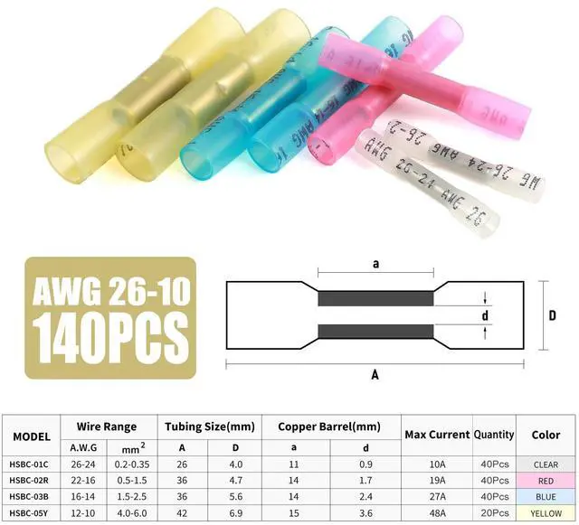 Alt view image 2 of 7 - 140PCS Heat Shrink Butt Wire Connectors 26-10 AWG, Insulated Waterproof Electrical Wire Connectors Automotive Marine Grade Wire Crimp Terminals Butt Splices, Ideal for Boat, Truck