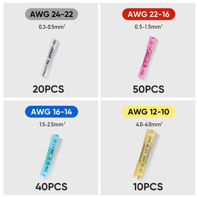 Alt view image 7 of 7 - 120 PCS Heat Shrink Butt Connectors Kit, AWG 24 10 4 Sizes Butt Splice, Insulated Waterproof Electrical Marine Automotive Wire Crimp Terminals (120pcs)