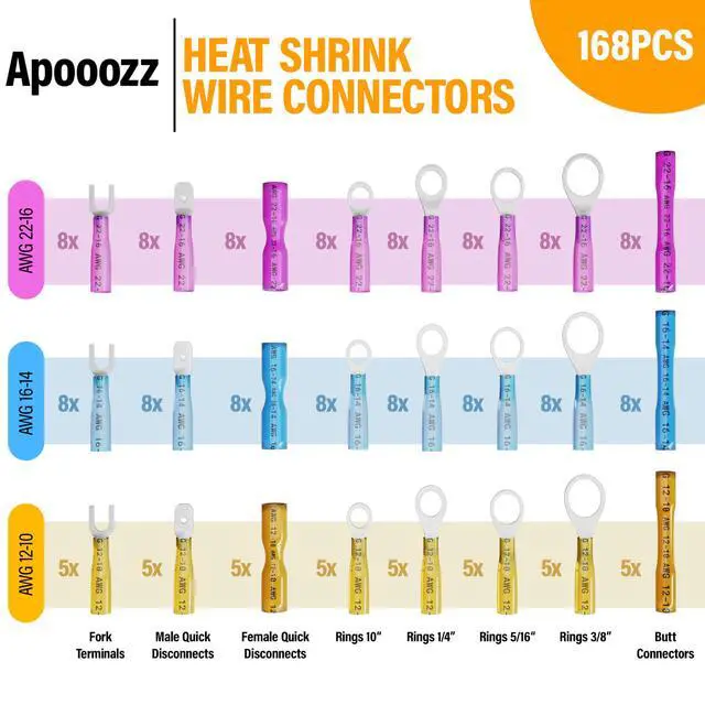 Alt view image 2 of 5 - 168 Pcs Heat Shrink Wire Connectors Kit- Electrical Waterproof Crimp Terminals Set- Insulated Rings Forks Spade Butt Splices- Wiring Connector Assortment for Automotive Marine Boat