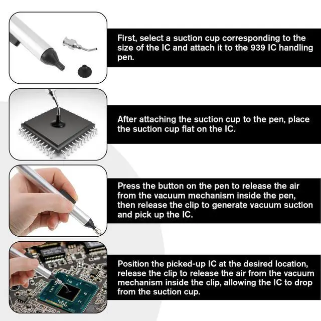Alt view image 3 of 5 - Vacuum Sucking Pen Sucker Pump IC SMD Pick Up Soldering Set Solder Remover Tool with 3 Suction Headers Suction Remover Desoldering for Electronics Repair Precision Component Placement