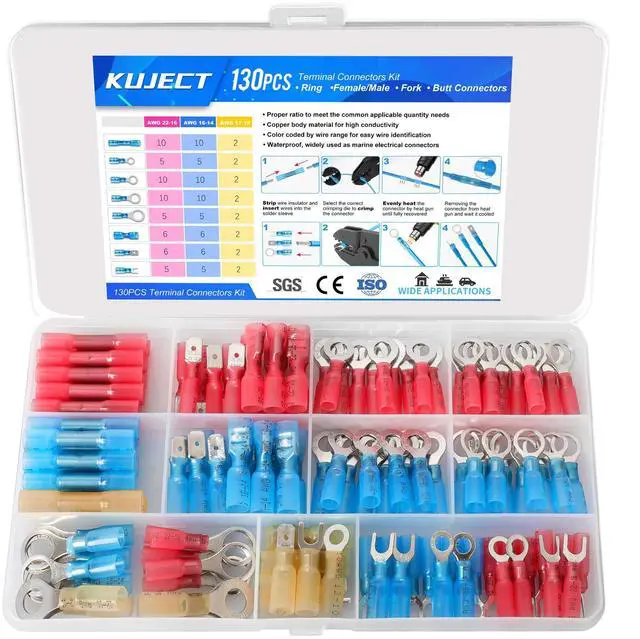 Main image of 130PCS Heat Shrink Wire Connectors Kit, Electrical Waterproof Crimp Butt Terminals, Insulated Spade Connectors for Automotive Marine Boat Truck, Include Rings Forks Spade Butt Splices