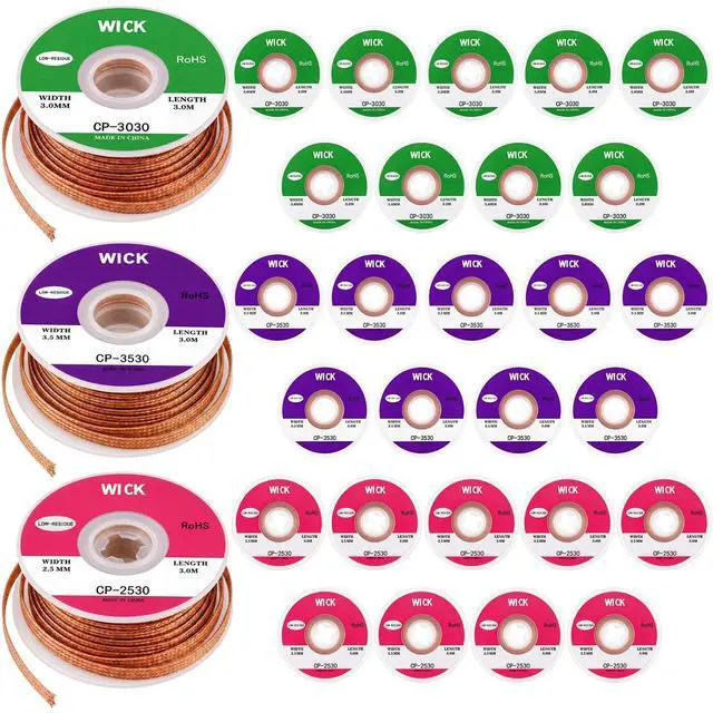 Main image of 30 Pcs Solder Wick 3 Sizes Desoldering Wick 0.1/0.12/0.14 Inches 10 ft No Clean Low Residue Soldering Wicks Desoldering Coated Braid for Electronics Component Repair PCB Circuit Board Bulk