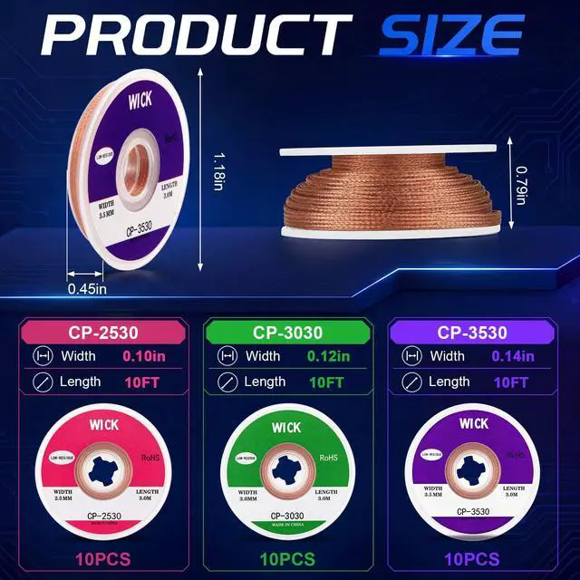 Alt view image 2 of 7 - 30 Pcs Solder Wick 3 Sizes Desoldering Wick 0.1/0.12/0.14 Inches 10 ft No Clean Low Residue Soldering Wicks Desoldering Coated Braid for Electronics Component Repair PCB Circuit Board Bulk
