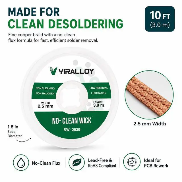 Alt view image 3 of 6 - Solder Wick 2.5mm x 10ft No-Clean Rosin Desoldering Wick for Electronics, PCB & Circuit Board Repair | Copper Desoldering Braid for Soldering Kit, Soldering Iron Kit & Fer à Souder