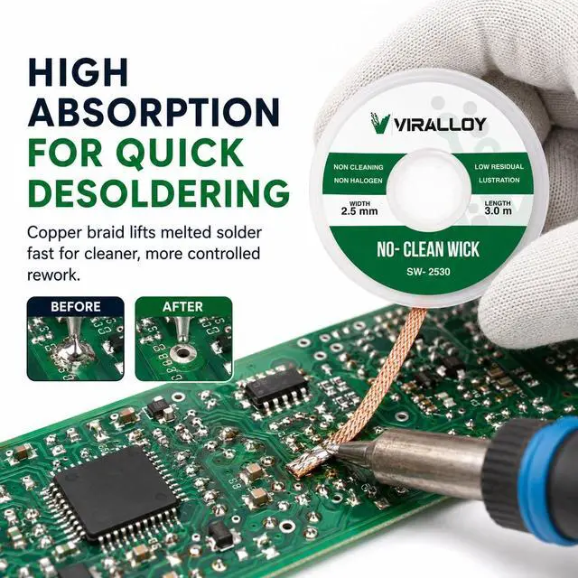 Alt view image 2 of 6 - Solder Wick 2.5mm x 10ft No-Clean Rosin Desoldering Wick for Electronics, PCB & Circuit Board Repair | Copper Desoldering Braid for Soldering Kit, Soldering Iron Kit & Fer à Souder
