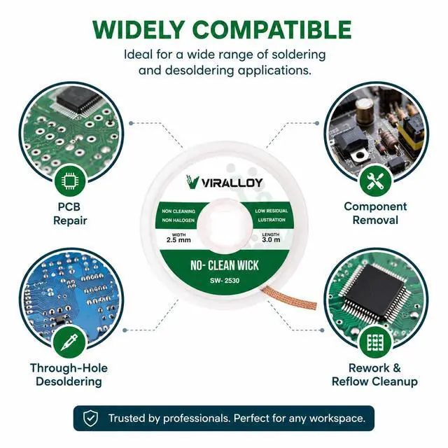 Alt view image 6 of 6 - Solder Wick 2.5mm x 10ft No-Clean Rosin Desoldering Wick for Electronics, PCB & Circuit Board Repair | Copper Desoldering Braid for Soldering Kit, Soldering Iron Kit & Fer à Souder