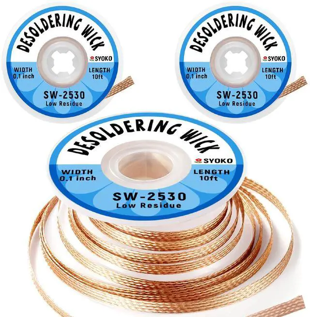 Main image of 3 Pack Desoldering Wick, 10ft/3M Long 2.5mm Wide No-Clean Solder Removal Braid for Solder Cleaning & Electronic Component Disassembly, Model SW-2530